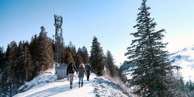 Sentier enneigé à Thollon Les Memises. Un couple se promène main dans la main sur une crête enneigée.