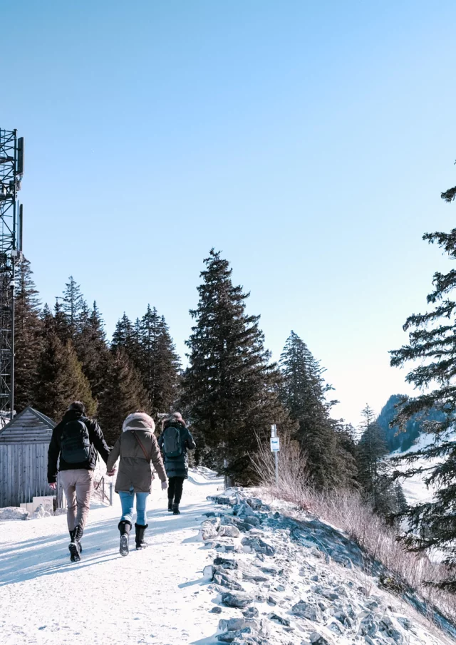 Sentier enneigé à Thollon Les Memises. Un couple se promène main dans la main sur une crête enneigée.