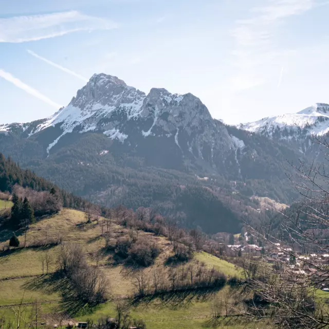 Dent d'oche enneigée et village en dessous sans neige avec une belle herbe verte de printemps