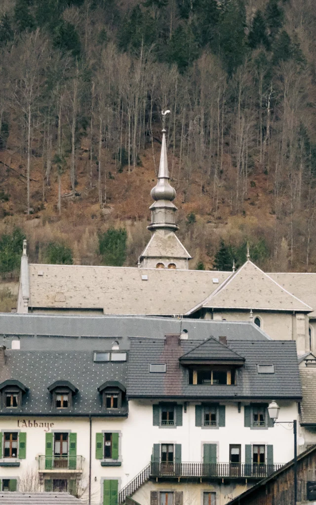 Photo of the village of Abondance. You can see the Abbey bell tower and the forest in the background.