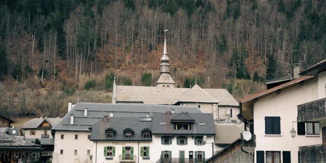 Photo du village d'Abondance. On voit le clocher de l'Abbaye et la forêt en fond.