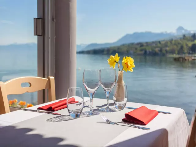 White tablecloth, lake view, two empty wine glasses and two yellow flowers in a vase