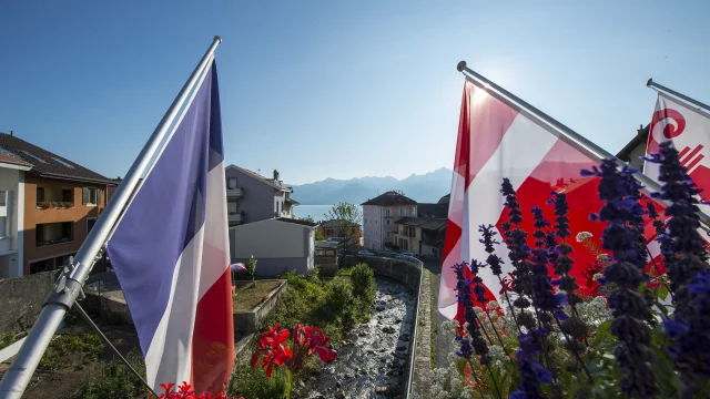 Drapeau français et savoyard en premier plan avec un ruisseau en fond