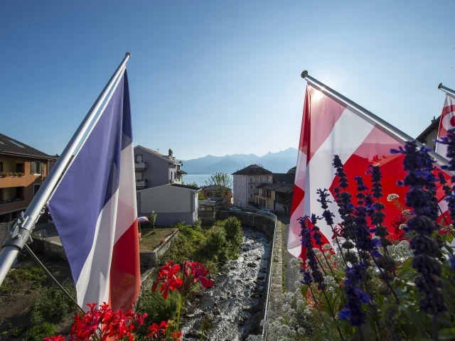 Drapeau français et savoyard en premier plan avec un ruisseau en fond