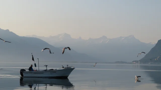 Un bateau de pêche sur le lac au matin.