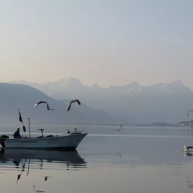 Un bateau de pêche sur le lac au matin.