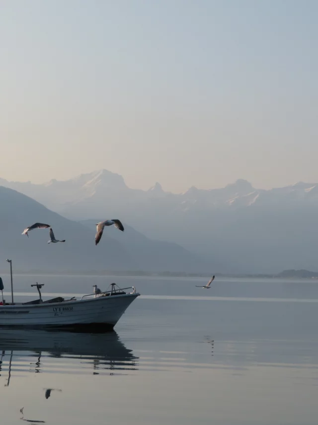 Un bateau de pêche sur le lac au matin.